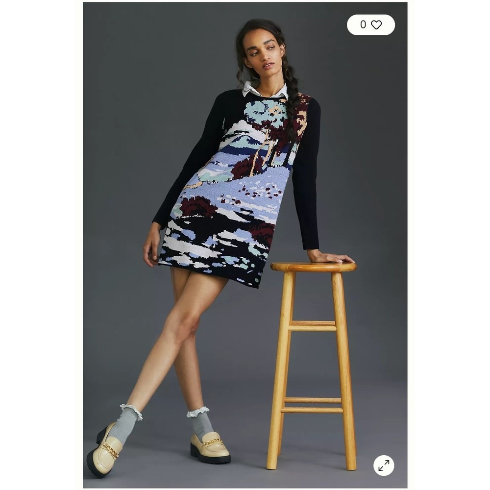 Anthropologie Maeve Scenic Knit Long Sleeve Sccopneck A Line Mini Dress S